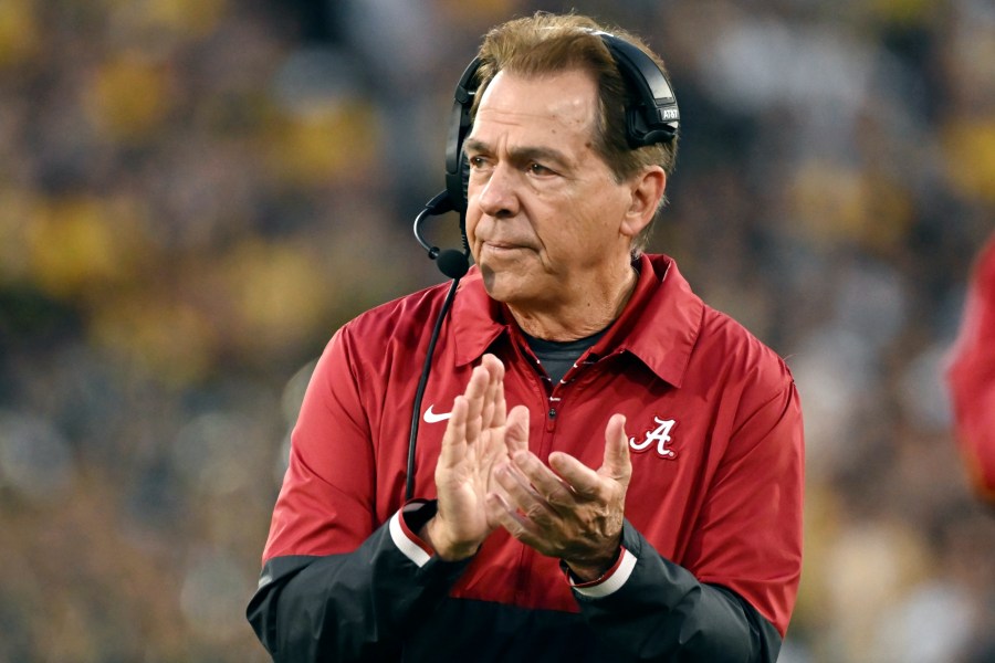 FILE - Alabama head coach Nick Saban reacts after running back Jase McClellan (2) scored a touchdown during the second half of the Rose Bowl CFP NCAA semifinal college football game against Michigan Monday, Jan. 1, 2024, in Pasadena, Calif. (AP Photo/Kyusung Gong, File)