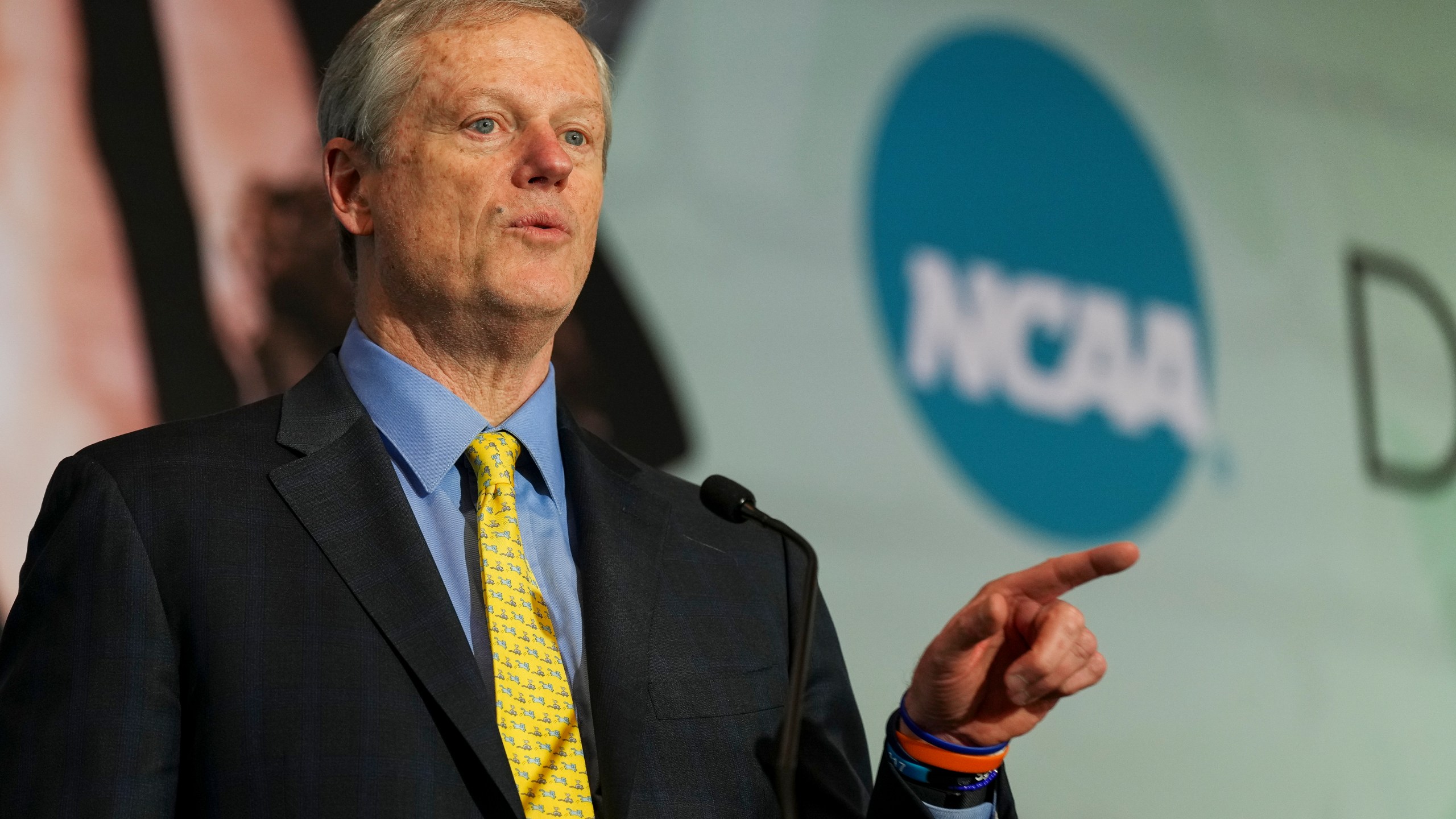 NCAA President Charlie Baker speaks during the organizations Division I Business Session at their annual convention Wednesday, Jan. 15, 2025, in Nashville, Tenn. (AP Photo/George Walker IV)