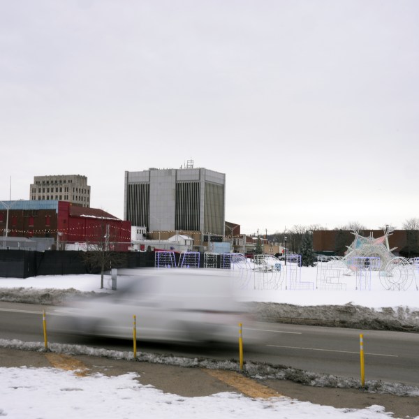 Vehicles travel along Verity Parkway through downtown, Tuesday, Jan. 14, 2025, in Middletown, Ohio. The city is the hometown of Vice President-elect JD Vance.(AP Photo/Kareem Elgazzar)