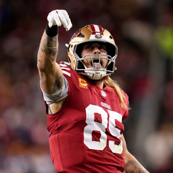 San Francisco 49ers tight end George Kittle (85) reacts after a catch during the first half of an NFL football game against the Detroit Lions, Monday, Dec. 30, 2024, in Santa Clara, Calif. (AP Photo/Godofredo A. Vásquez)