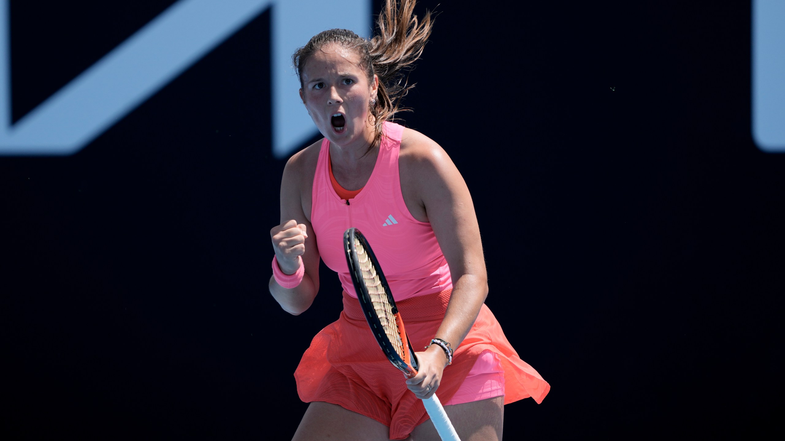 Daria Kasatkina of Russia reacts after winning the first set against Wang Yafan of China during their second round match at the Australian Open tennis championship in Melbourne, Australia, Thursday, Jan. 16, 2025. (AP Photo/Ng Han Guan)