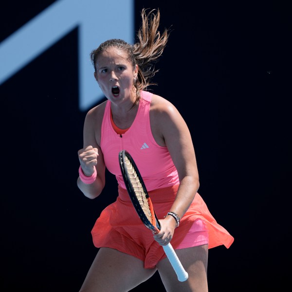 Daria Kasatkina of Russia reacts after winning the first set against Wang Yafan of China during their second round match at the Australian Open tennis championship in Melbourne, Australia, Thursday, Jan. 16, 2025. (AP Photo/Ng Han Guan)