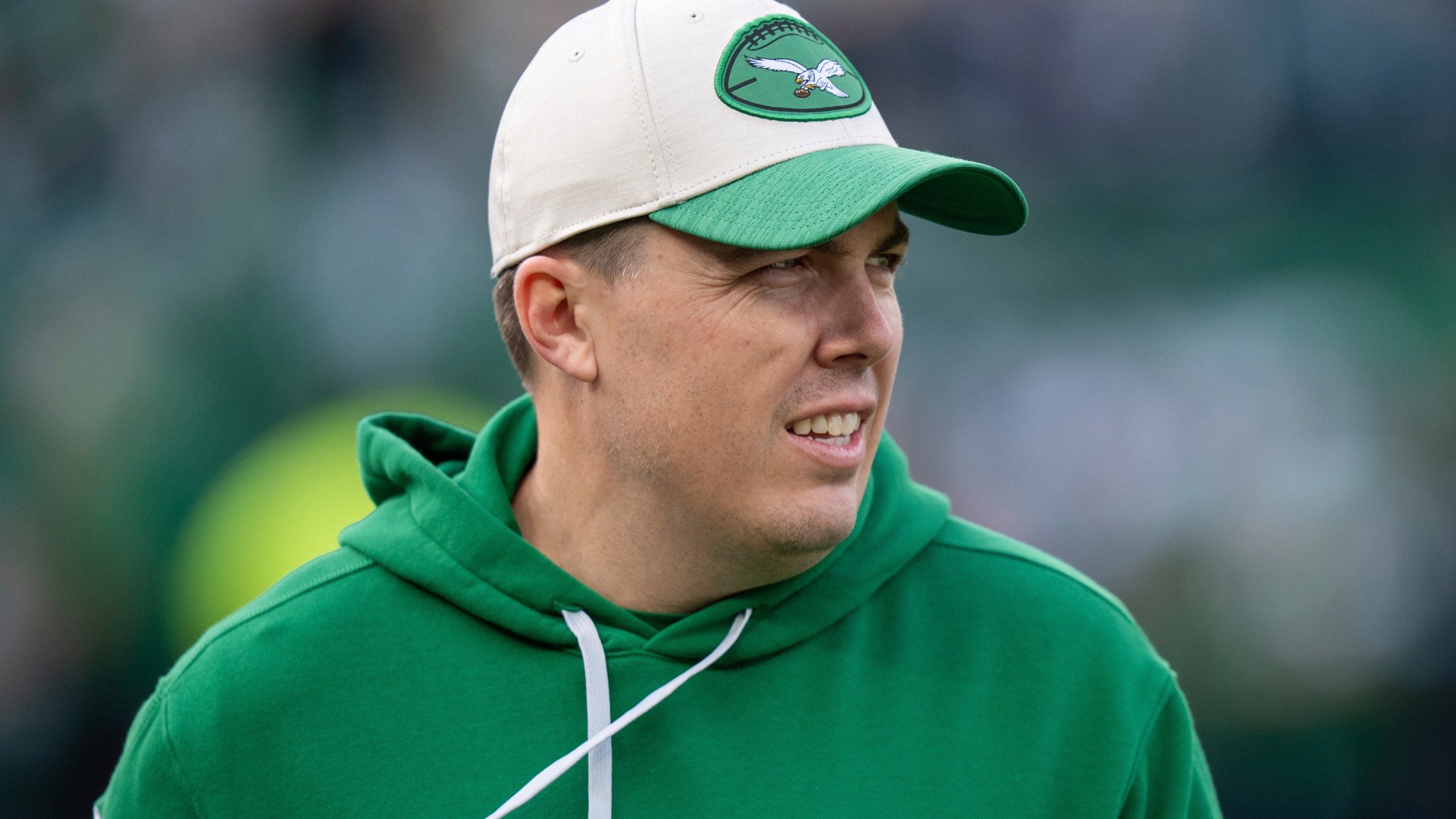 Philadelphia Eagle offensive coordinator Kellen Moore looks on during warm-ups prior to the NFL football game against the Dallas Cowboys, Dec. 29, 2024, in Philadelphia. (AP Photo/Chris Szagola)