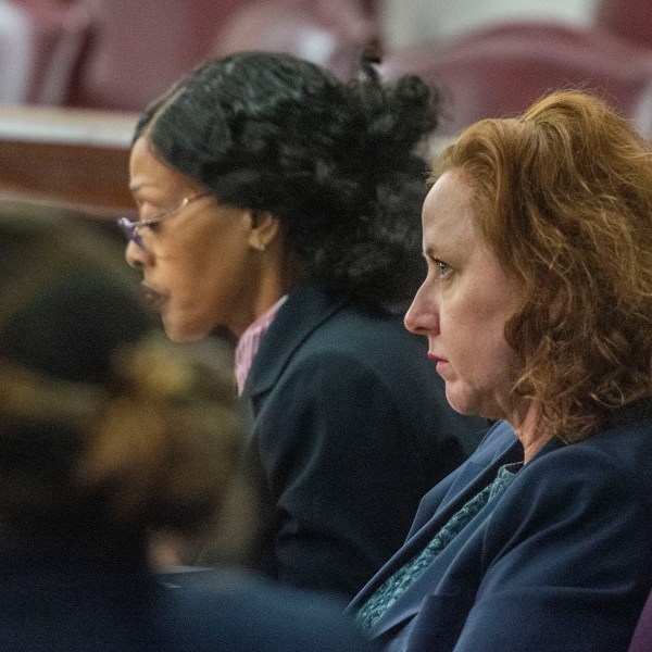 FILE - Former Brunswick Judicial Circuit District Attorney Jackie Johnson listens Wednesday, Dec. 11, 2024, at the Glynn County Courthouse in Brunswick, Georgia, prior to a pretrial motions hearing in her violation of oath office case. (Michael Hall/Pool Photo via AP, File)