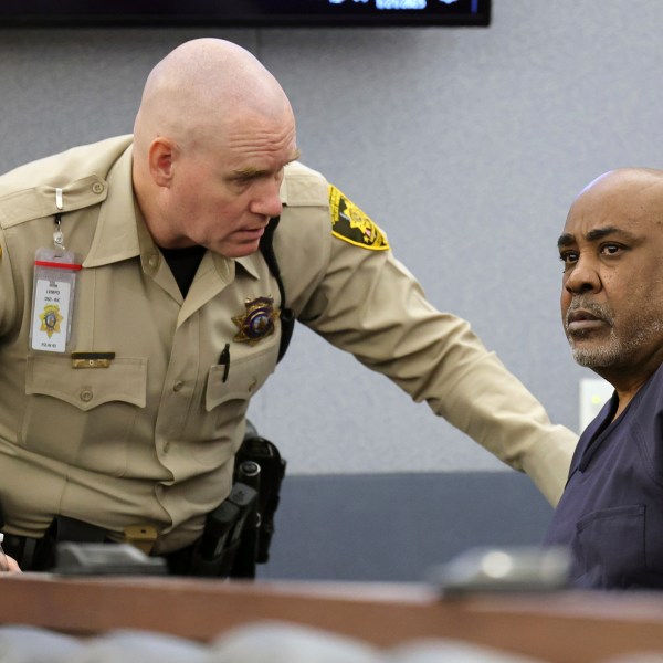 Duane “Keffe D” Davis, right, appears in court for a hearing on a motion to dismiss charges for his involvement in the 1996 killing of rapper Tupac Shakur, Tuesday, Jan. 21, 2025 in Las Vegas. (Ethan Miller/Pool Photo via AP)