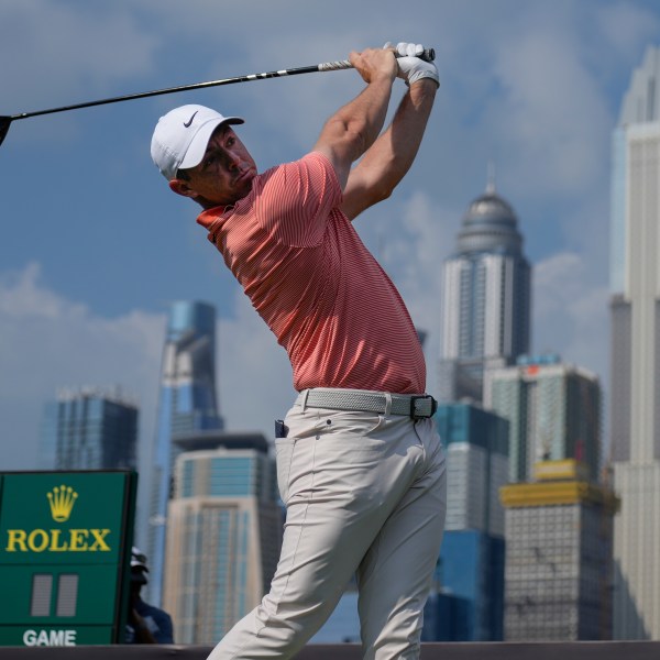 Rory McIlroy of Northern Ireland hits off the first tee during the final round of the Dubai Desert Classic golf tournament, in Dubai, United Arab Emirates, Sunday, Jan. 19, 2025. (AP Photo/Altaf Qadri)