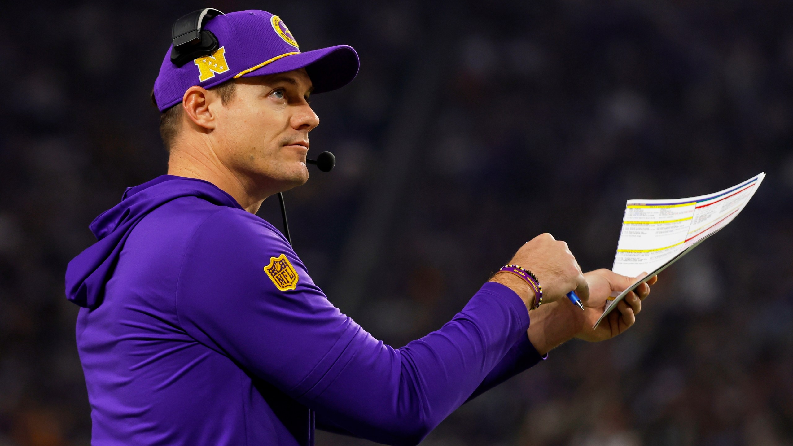 Minnesota Vikings head coach Kevin O'Connell calls a timeout during the first half of an NFL football game against the Green Bay Packers Sunday, Dec. 29, 2024, in Minneapolis. (AP Photo/Bruce Kluckhohn)