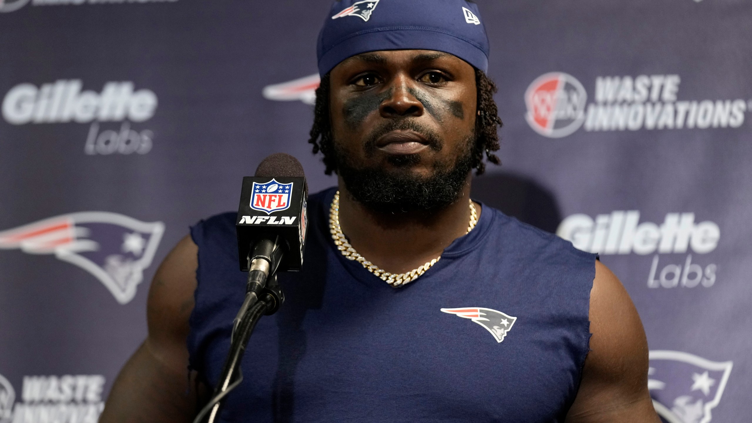 FILE - New England Patriots safety Jabrill Peppers answers questions during a news conference after playing against the New York Jets in an NFL football game, Sept. 19, 2024, in East Rutherford, N.J. (AP Photo/Seth Wenig, file)