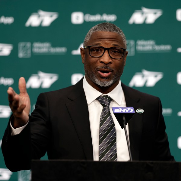 The New York Jets introduce new head coach Aaron Glenn during a press conference at the NFL football team's training facility on Monday, Jan. 27, 2025, in Florham Park, N.J. (AP Photo/Adam Hunger)