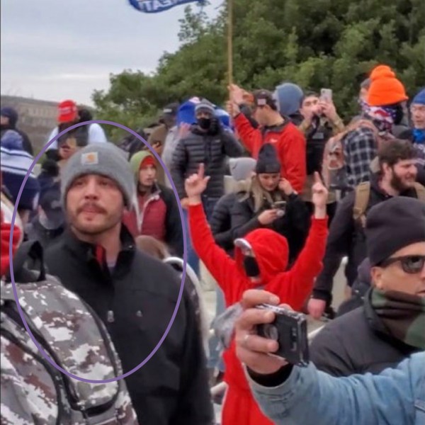 This image provided by District of Columbia Attorney's Office obtained from the U.S. Capitol Police shows Matthew Huttle outside the Capitol building on Jan. 6, 2021 in Washington. (Attorney's Office, District of Columbia via AP)