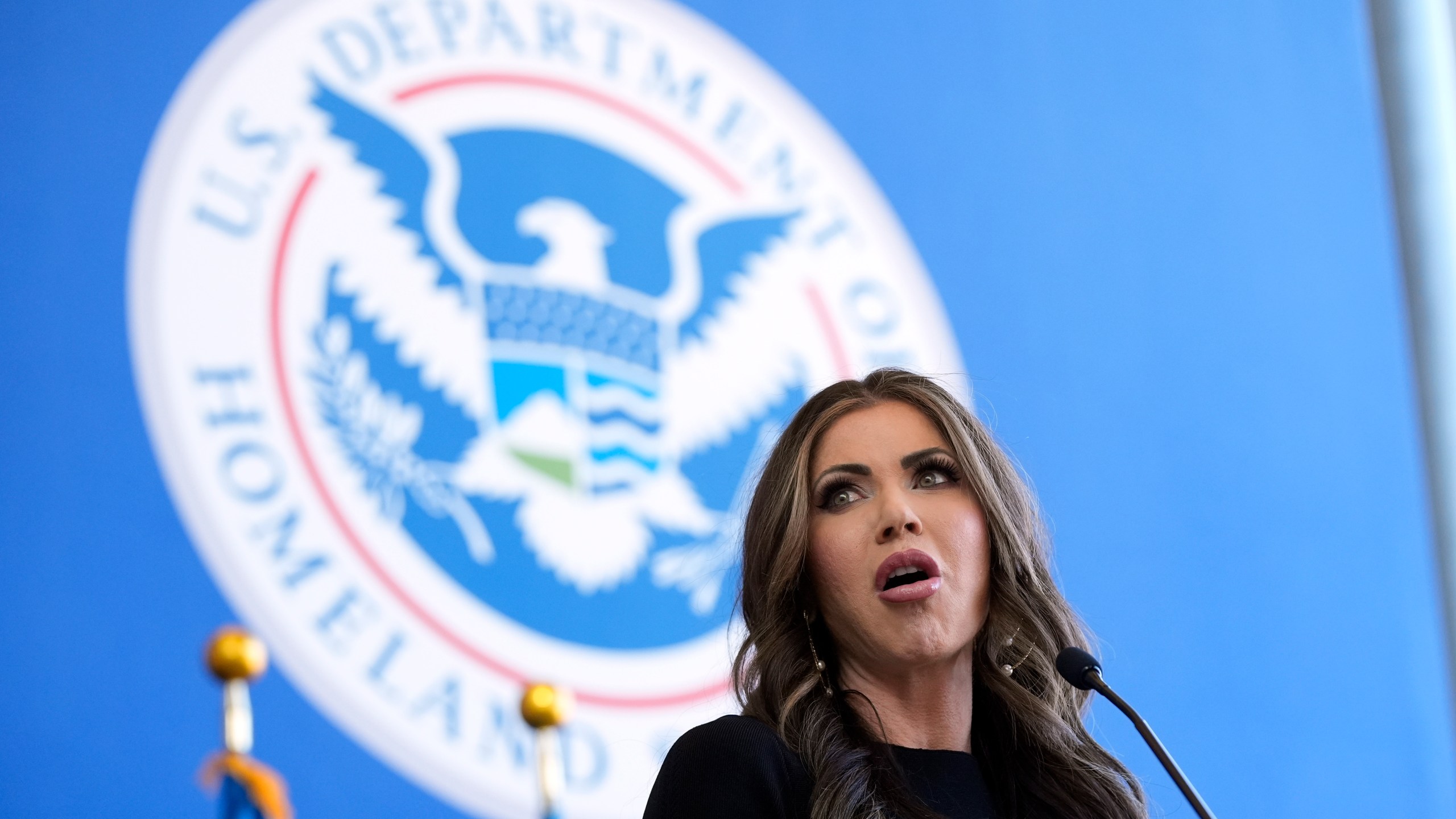 Homeland Security Secretary Kristi Noem speaks to employees at the Department of Homeland Security, Tuesday, Jan. 28, 2025, in Washington. (AP Photo/Manuel Balce Ceneta)