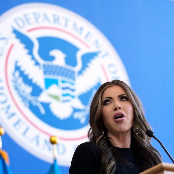 Homeland Security Secretary Kristi Noem speaks to employees at the Department of Homeland Security, Tuesday, Jan. 28, 2025, in Washington. (AP Photo/Manuel Balce Ceneta)