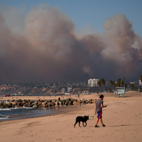 FILE - Smoke from a wildfire is seen from the Venice Beach section of Los Angeles, Jan. 7, 2025. (AP Photo/Jae C. Hong, File)