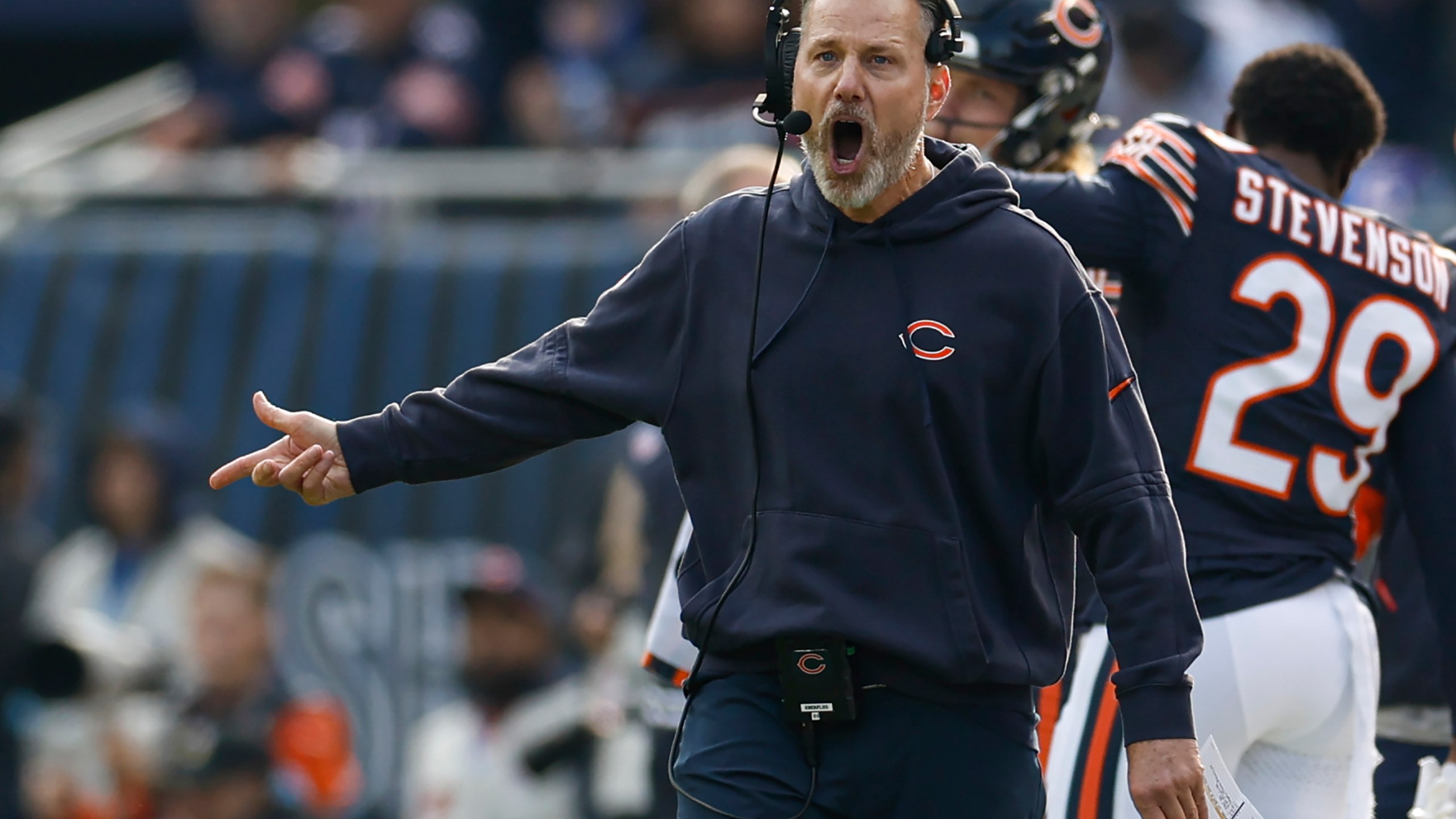 FILE - Chicago Bears head coach Matt Eberflus reacts during the first half of an NFL football game against the Green Bay Packers, Sunday, Nov. 17, 2024, in Chicago. (AP Photo/Kamil Krzaczynski, File)