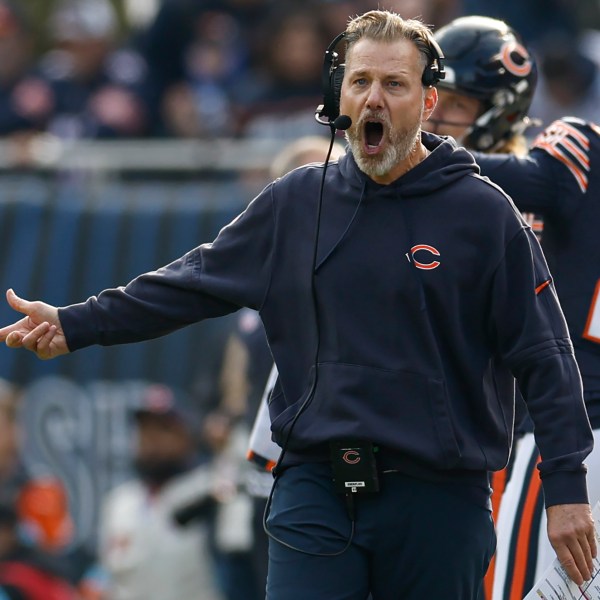 FILE - Chicago Bears head coach Matt Eberflus reacts during the first half of an NFL football game against the Green Bay Packers, Sunday, Nov. 17, 2024, in Chicago. (AP Photo/Kamil Krzaczynski, File)