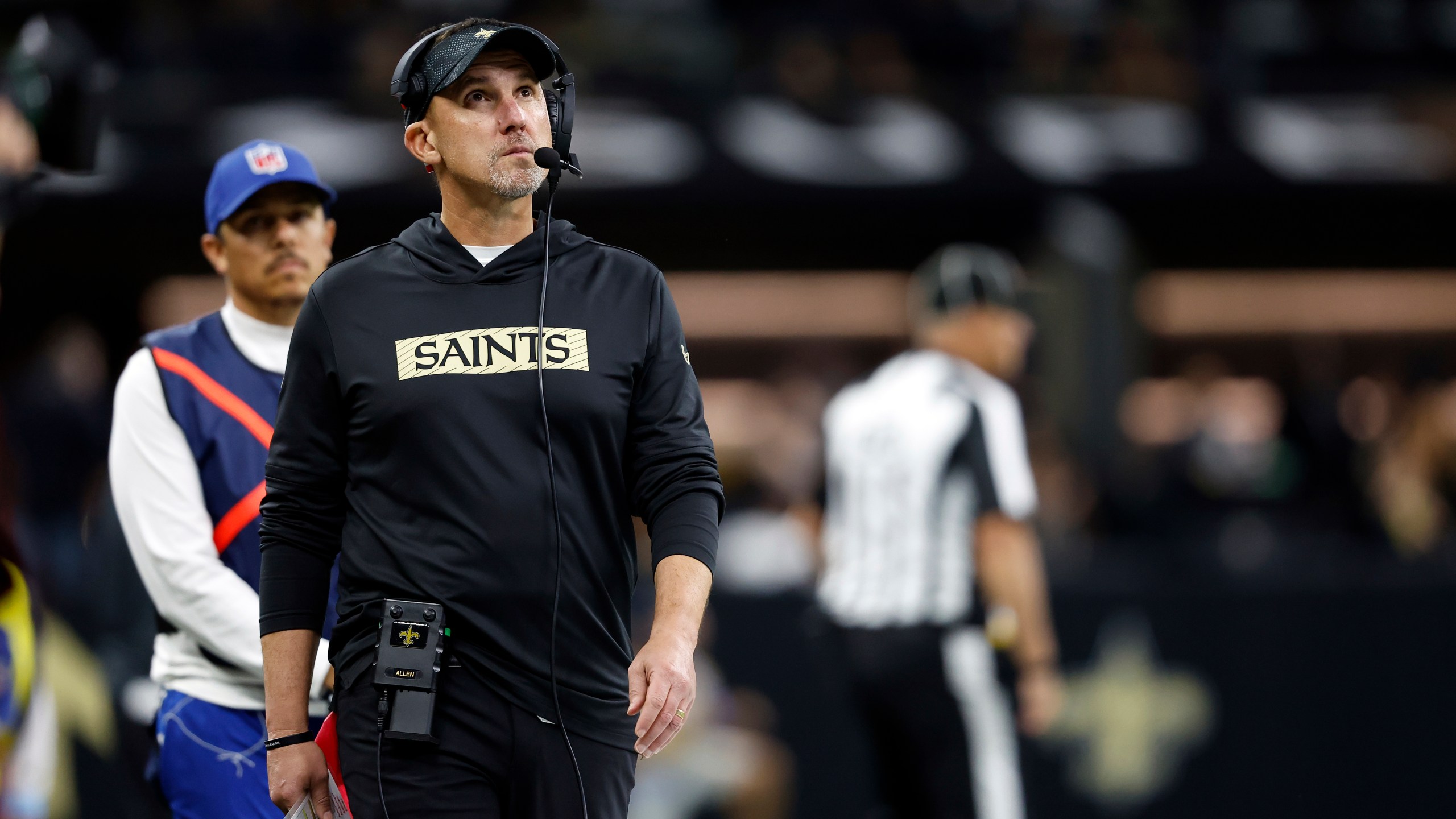 FILE - New Orleans Saints head coach Dennis Allen reacts to a play during an NFL football game against the Denver Broncos, Oct. 17, 2024, in New Orleans. (AP Photo/Tyler Kaufman, File)