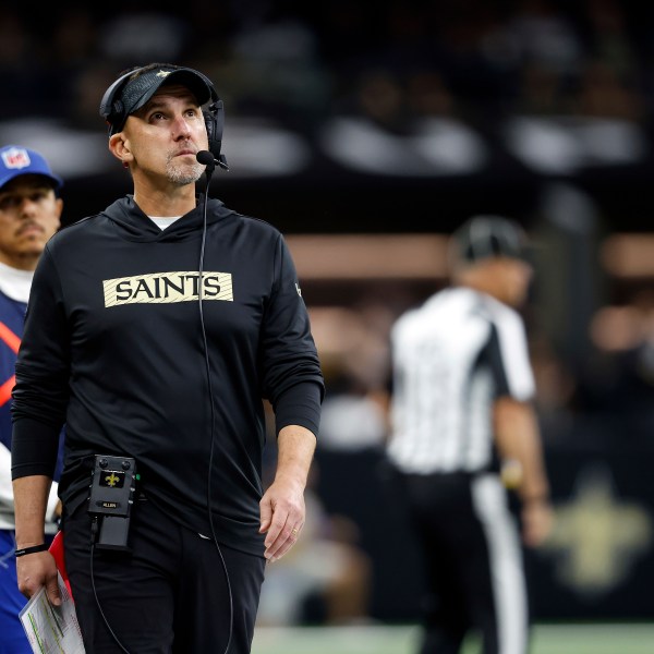 FILE - New Orleans Saints head coach Dennis Allen reacts to a play during an NFL football game against the Denver Broncos, Oct. 17, 2024, in New Orleans. (AP Photo/Tyler Kaufman, File)