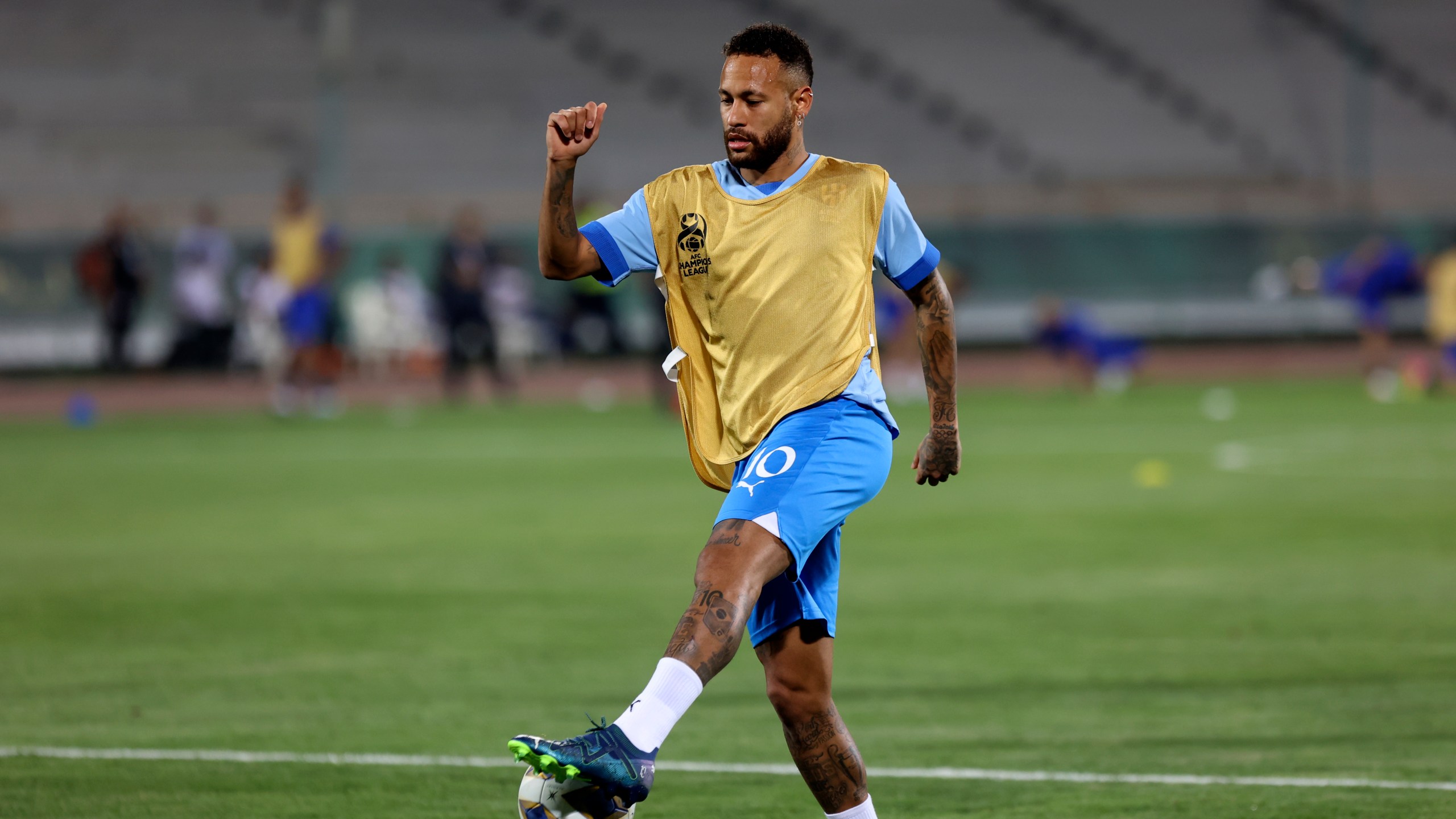 FILE - Al Hilal's Neymar shoots the ball during warm up for the AFC Champions League soccer match against Iran's Nassaji at the Azadi Stadium in Tehran, Iran, Oct. 3, 2023. (AP Photo, File)