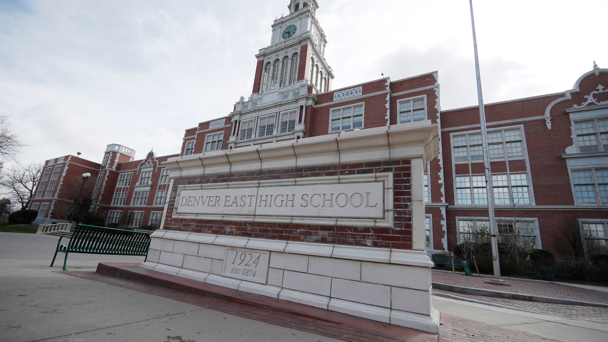 FILE — This April 17, 2019 file photo shows Denver East High School in Denver. (AP Photo/David Zalubowski, File)