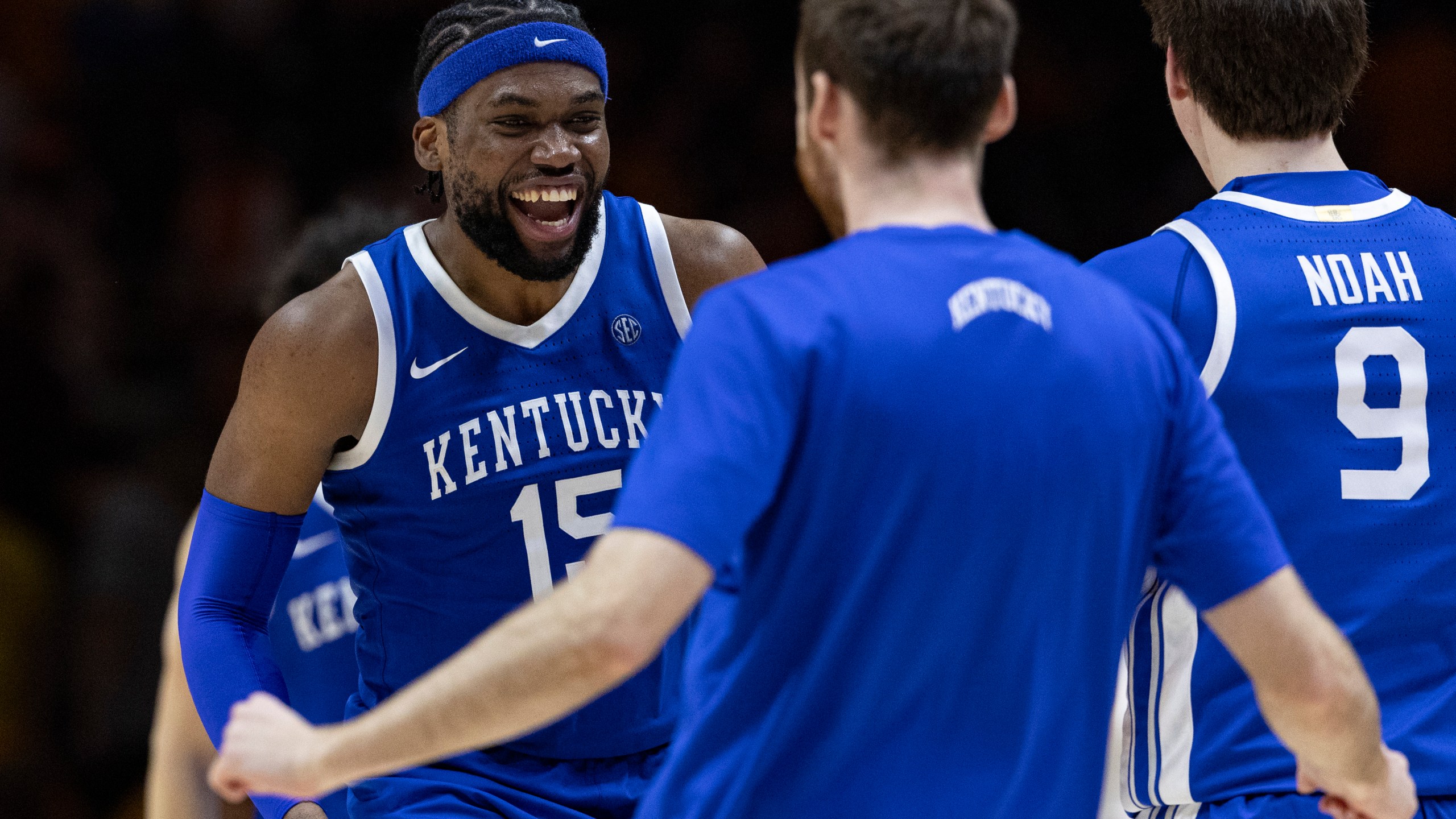 Kentucky forward Ansley Almonor (15) reacts after defeating Tennessee in an NCAA college basketball game Tuesday, Jan. 28, 2025, in Knoxville, Tenn. (AP Photo/Wade Payne)