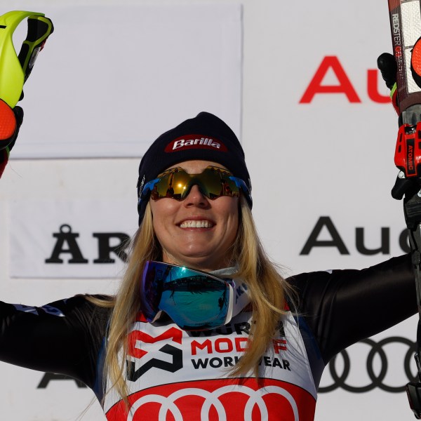 FILE - United States' Mikaela Shiffrin celebrates after winning a women's World Cup slalom skiing event in Are, Sweden, March 10, 2024. (AP Photo/Alessandro Trovati, File)