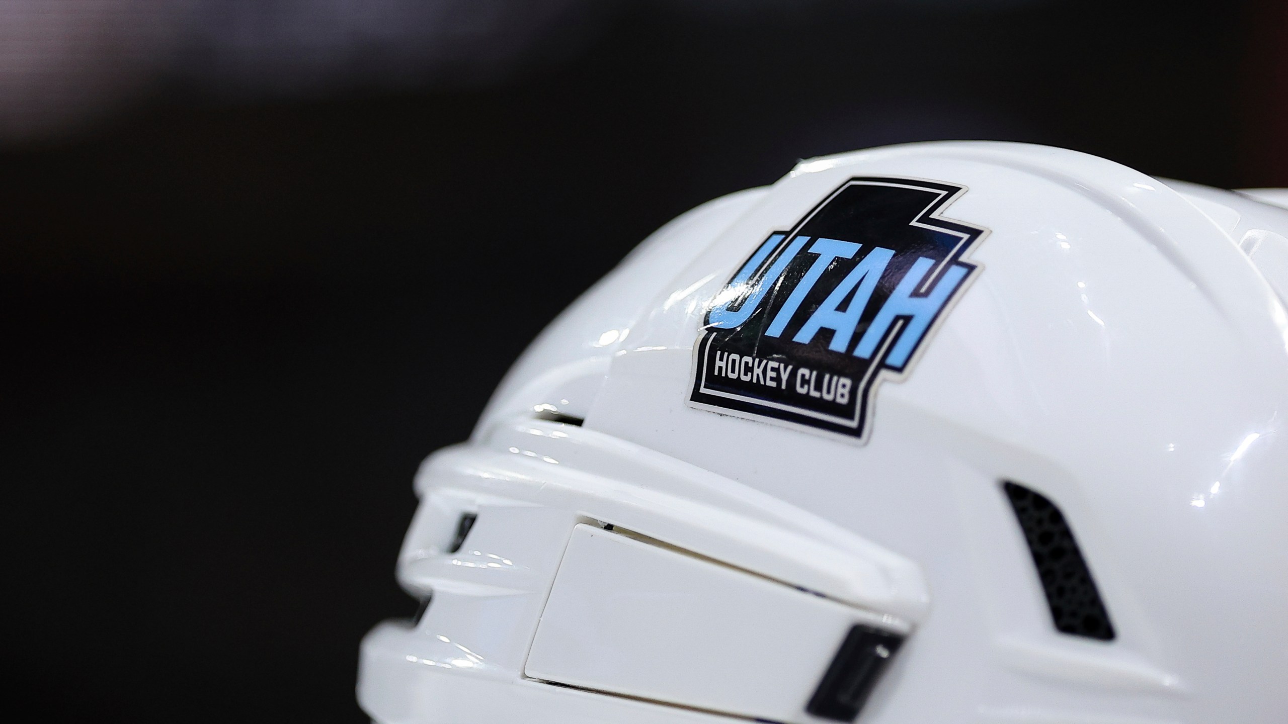 FILE - The Utah Hockey Club logo is seen on the helmet of center Nick Schmaltz (8) during the third period of an NHL hockey game against the Minnesota Wild, Dec. 20, 2024, in St. Paul, Minn. (AP Photo/Matt Krohn, file)