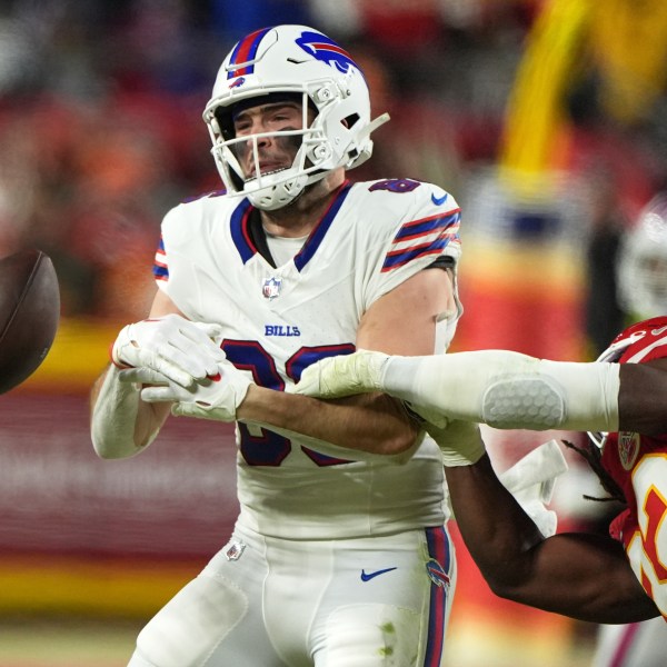 Kansas City Chiefs linebacker Nick Bolton, right, breaks up a pass intended for Buffalo Bills tight end Dalton Kincaid during the first half of the AFC Championship NFL football game, Sunday, Jan. 26, 2025, in Kansas City, Mo. (AP Photo/Charlie Riedel)