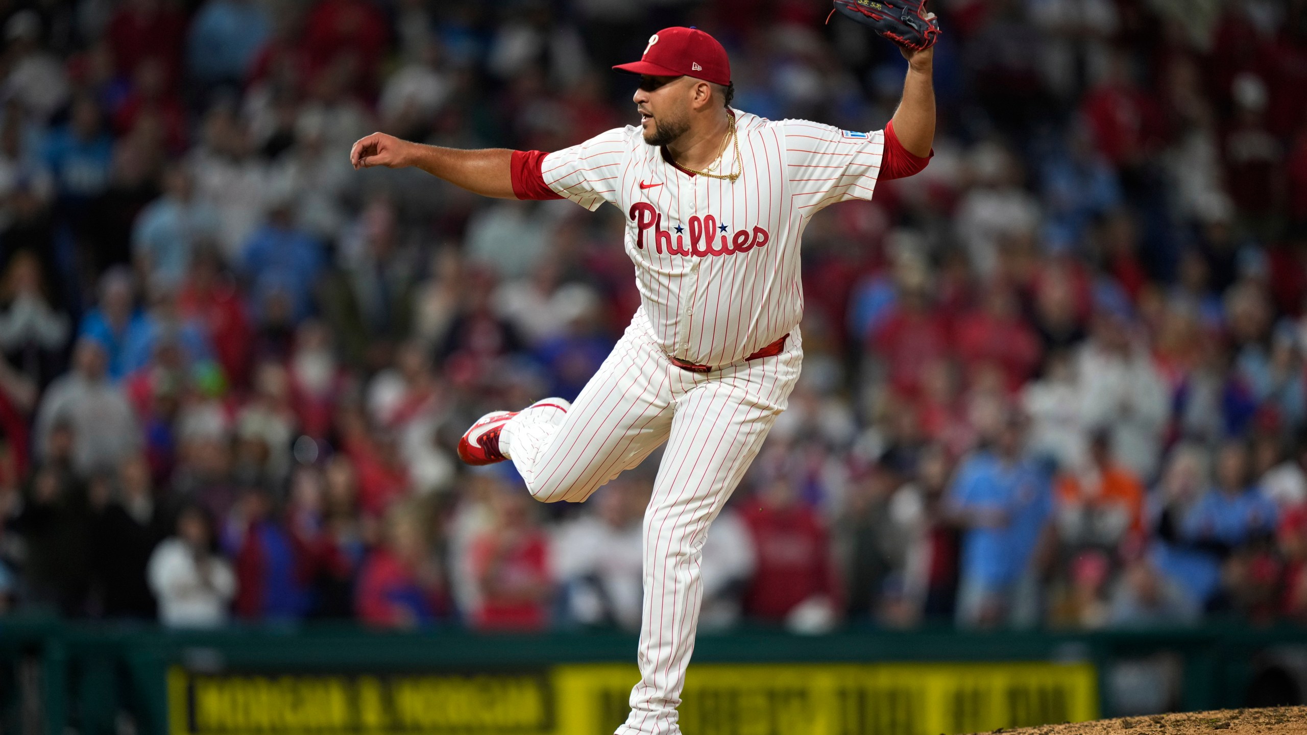 FILE - Philadelphia Phillies' Carlos Estévez stands during a baseball game, Sept. 25, 2024, in Philadelphia. (AP Photo/Matt Slocum, File)