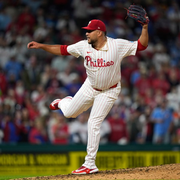 FILE - Philadelphia Phillies' Carlos Estévez stands during a baseball game, Sept. 25, 2024, in Philadelphia. (AP Photo/Matt Slocum, File)