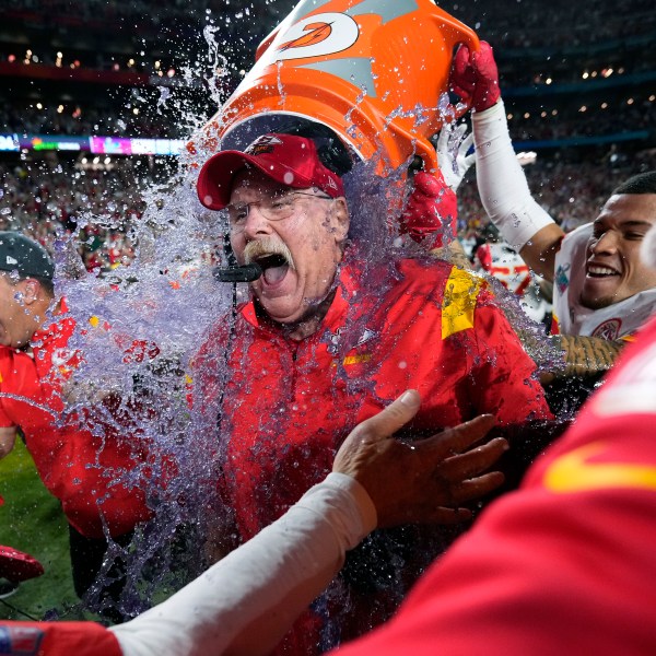 FILE_ Kansas City Chiefs head coach Andy Reid is doused after their win against the Philadelphia Eagles at the NFL Super Bowl 57 football game, Sunday, Feb. 12, 2023, in Glendale, Ariz. (AP Photo/Matt Slocum, File)