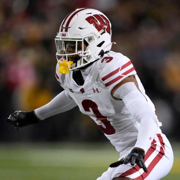 FILE - Wisconsin cornerback Nyzier Fourqurean (3) gets set for a play during the second half of an NCAA college football game against Iowa, Saturday, Nov. 2, 2024, in Iowa City, Iowa. (AP Photo/Charlie Neibergall, File)