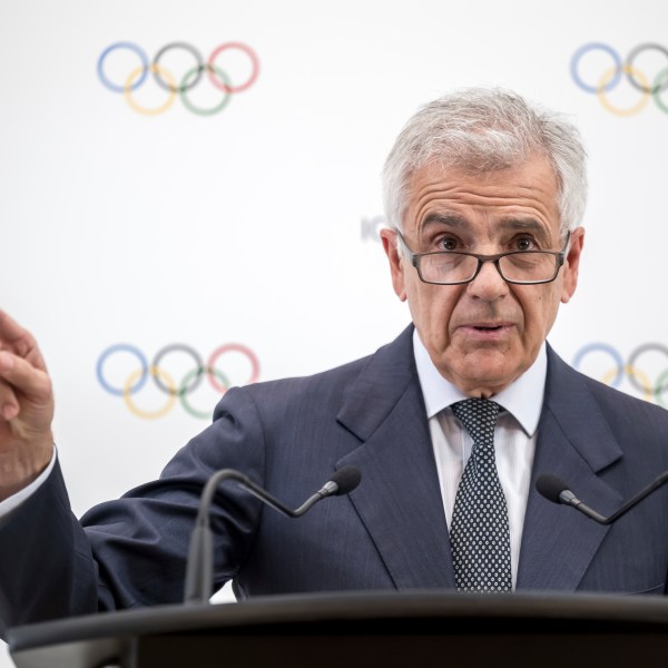 Candidate to the presidency of the International Olympic Committee (IOC) Juan Antonio Samaranch Junior speaks during a press conference following a presentation before their fellow IOC members in Lausanne, Switzerland, Thursday, Jan 30, 2025 (Fabrice Coffrini/Pool Photo via AP)