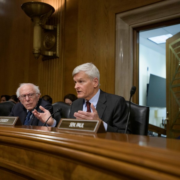 Committee Chairman Sen. Bill Cassidy, R-La., second from right, is joined by Sen. Patty Murray, D-Wash., from left, Committee Ranking Member Sen. Bernie Sanders, I-Vt., and Sen. Rand Paul, R-Ky., as he delivers his opening statement to Robert F. Kennedy, Jr., President Trump's nominee to serve as Secretary of Health and Human Services, during a Senate Committee on Health, Education, Labor and Pensions hearing for his pending confirmation on Capitol Hill, Thursday, Jan. 30, 2025, in Washington. (AP Photo/Rod Lamkey, Jr.)