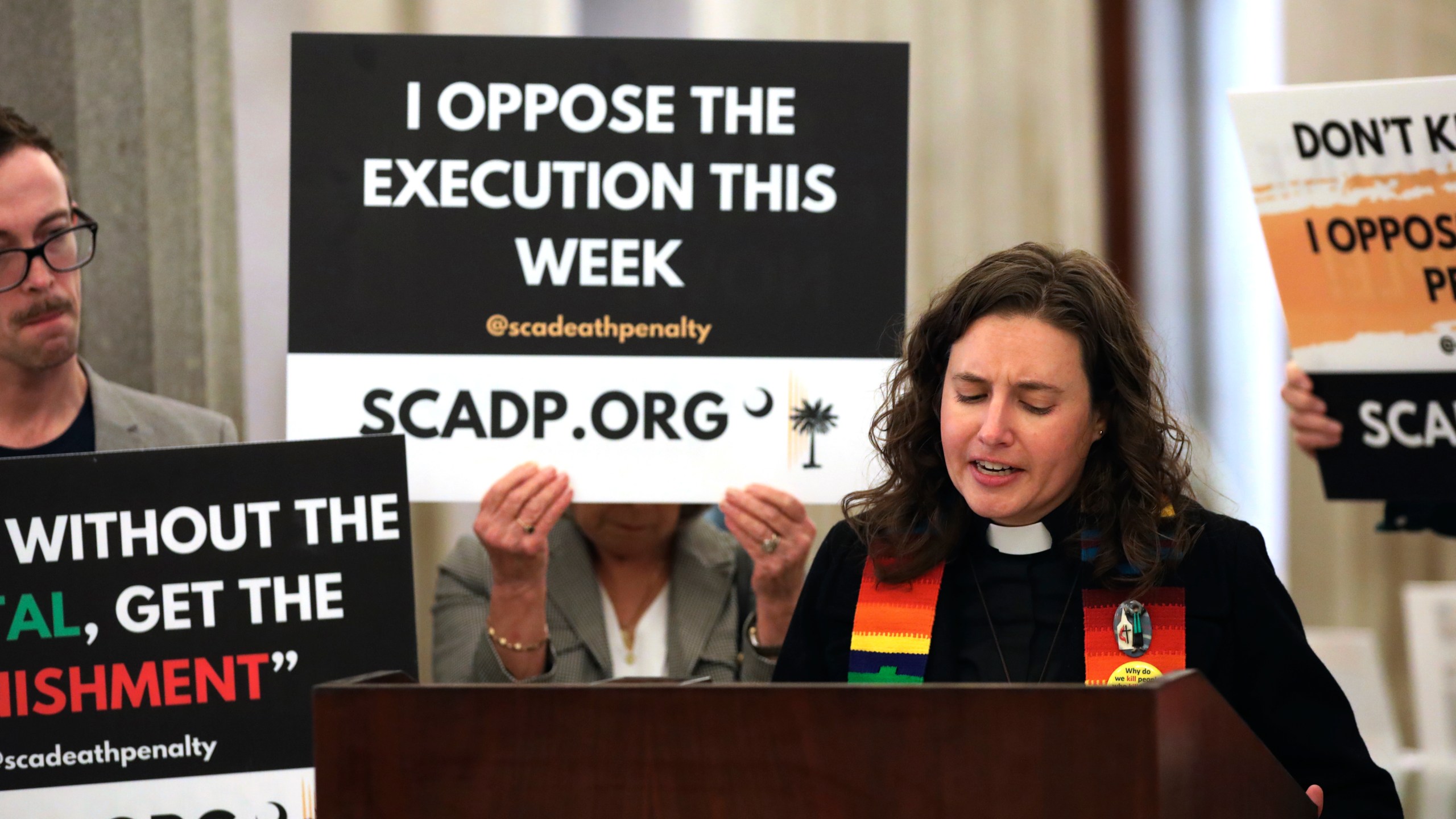 South Carolinians for Alternatives to the Death Penalty Executive Director Hillary Taylor speaks against the execution of Marion Bowman Jr. on Thursday, Jan. 30, 2025, in Columbia, S.C.. (AP Photo/Jeffrey Collins)