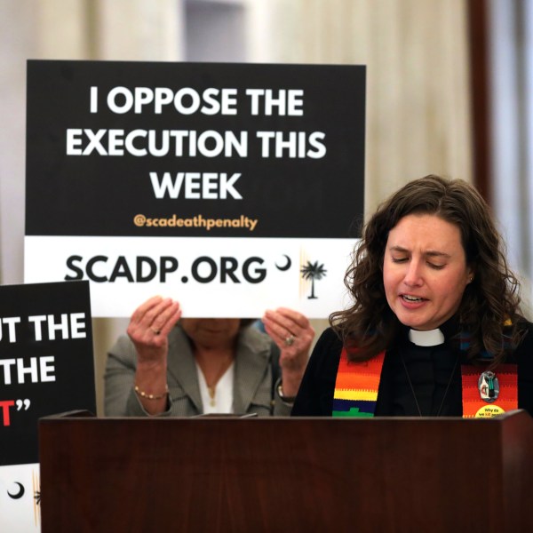 South Carolinians for Alternatives to the Death Penalty Executive Director Hillary Taylor speaks against the execution of Marion Bowman Jr. on Thursday, Jan. 30, 2025, in Columbia, S.C.. (AP Photo/Jeffrey Collins)