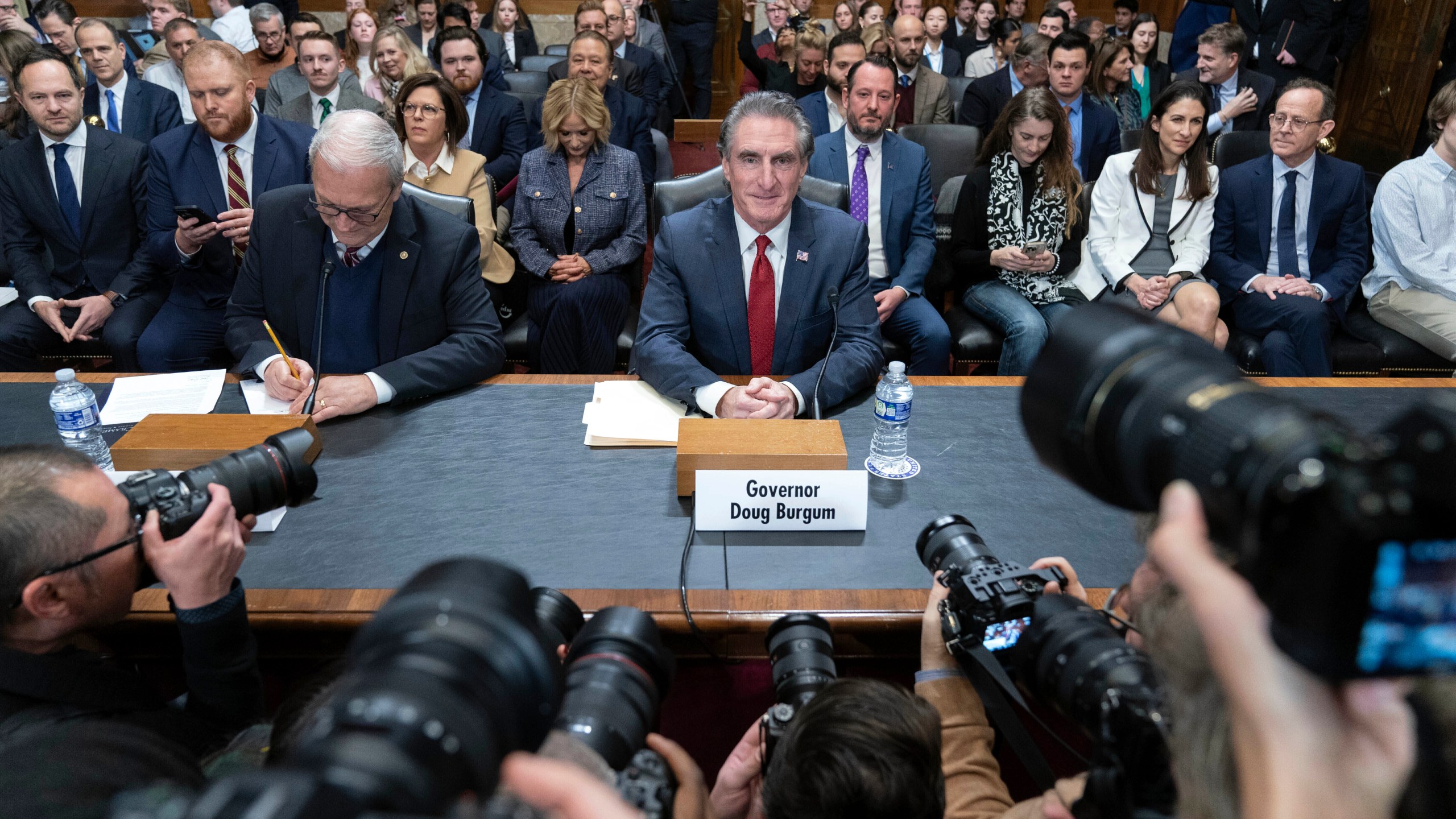 FILE - Former Gov. Doug Burgum, President-elect Donald Trump's choice to lead the the Interior Department as Secretary of the Interior, arrives to testify before the Senate Energy and Natural Resources Committee on Capitol Hill in Washington, Thursday, Jan. 16, 2025. (AP Photo/Jose Luis Magana, File)