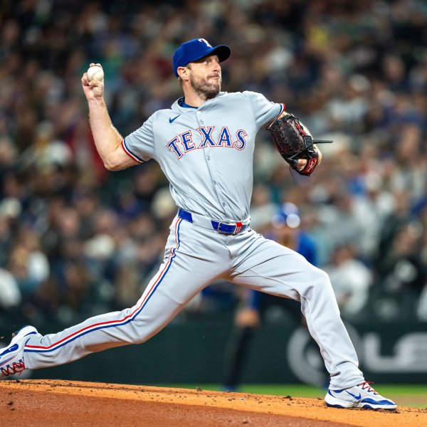 FILE - Texas Rangers starter Max Scherzer delivers a pitch during a baseball game against the Seattle Mariners, Sept. 14, 2024, in Seattle. (AP Photo/Stephen Brashear, File)