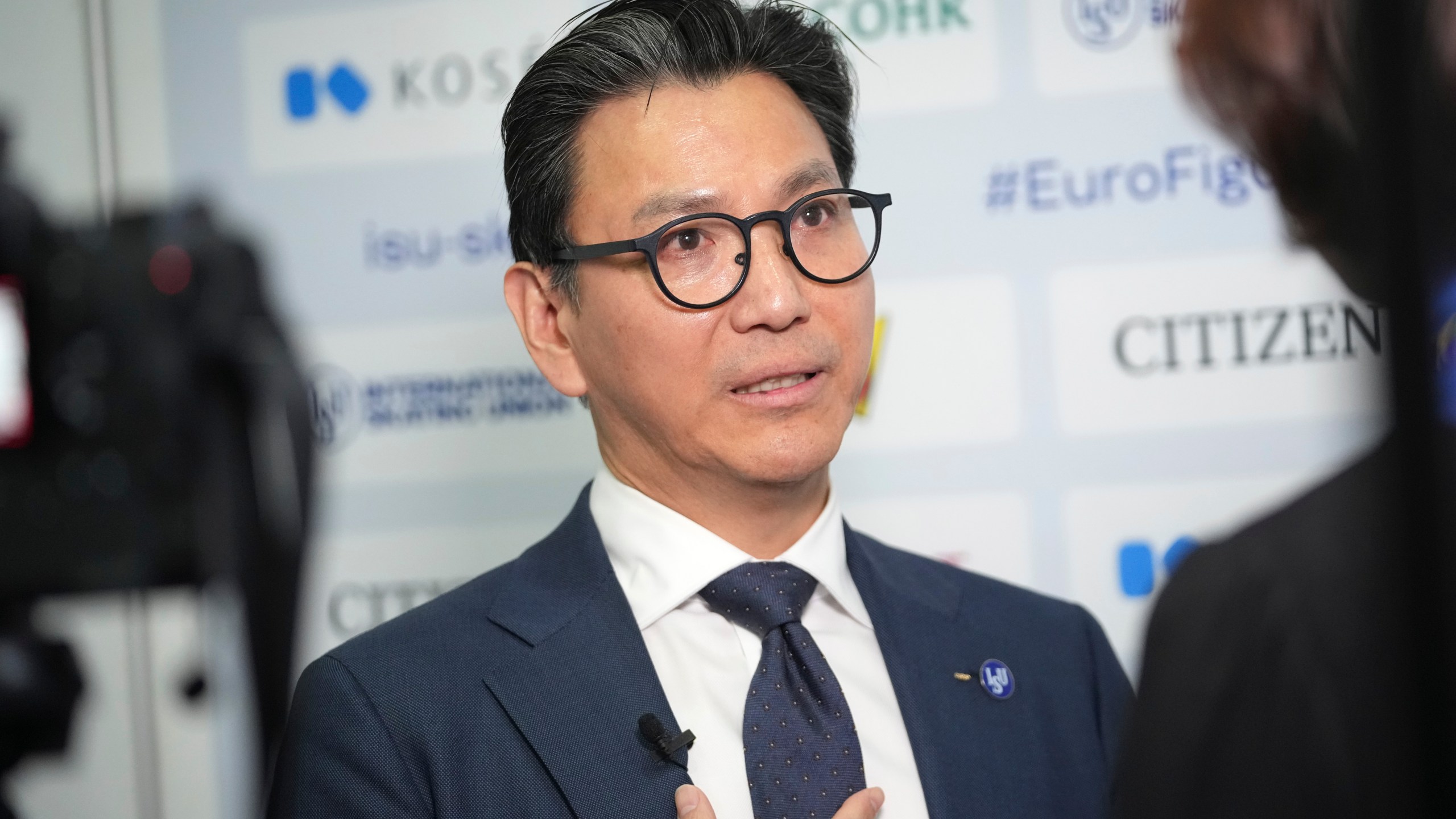 Jae Youl Kim, President of the International Skating Union, speaks during an interview for Associated Press during the ISU European Figure Skating Championships in Tallinn, Estonia, Friday, Jan. 31, 2025. (AP Photo/Sergei Grits)