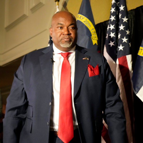 FILE - Republican North Carolina gubernatorial candidate Lt. Gov. Mark Robinson walks off the stage after speaking at an election night watch party Tuesday, Nov. 5, 2024, in Raleigh, N.C. (AP Photo/Chuck Burton, File)