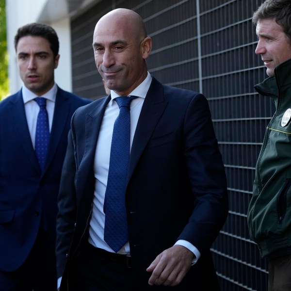 FILE - The former president of Spain's soccer federation Luis Rubiales arrives at the National Court in Madrid, Spain, Monday, April. 29, 2024. Rubiales will testify on Monday as a defendant for alleged corruption during his time at the head of the organization. (AP Photo/Bernat Armangue, File)