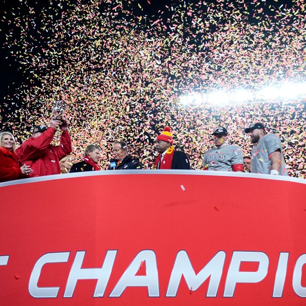 The Kansas City Chiefs celebrate after the AFC Championship NFL football game against the Buffalo Bills, Sunday, Jan. 26, 2025, in Kansas City, Mo. (AP Photo/Ashley Landis)