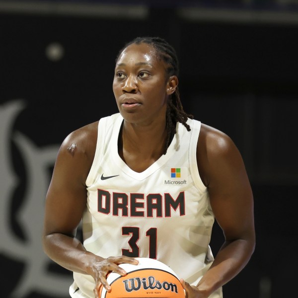 FILE - Atlanta Dream center Tina Charles plays against the Los Angeles Sparks during a WNBA basketball game, May 15, 2024, in Long Beach, Calif. (AP Photo/Jeff Lewis, File)