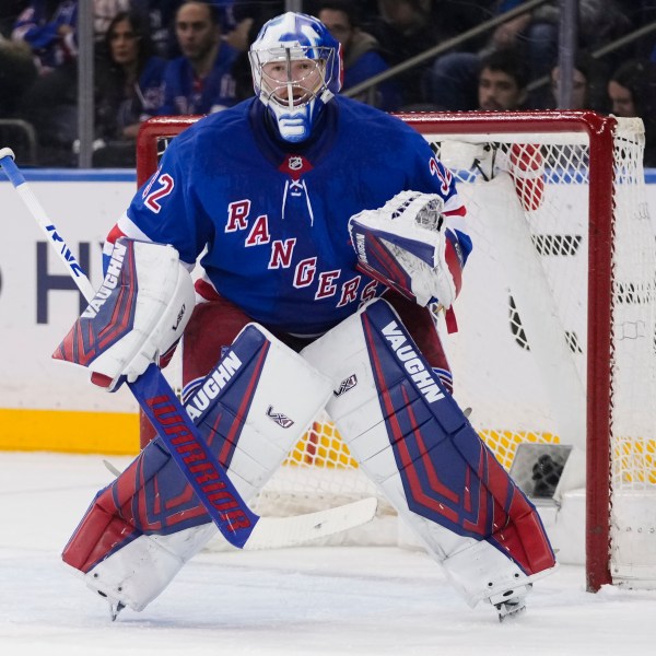 New York Rangers goaltender Jonathan Quick (32) protects the net during the second period of an NHL hockey game against the Vegas Golden Knights Sunday, Feb. 2, 2025, in New York. (AP Photo/Frank Franklin II)