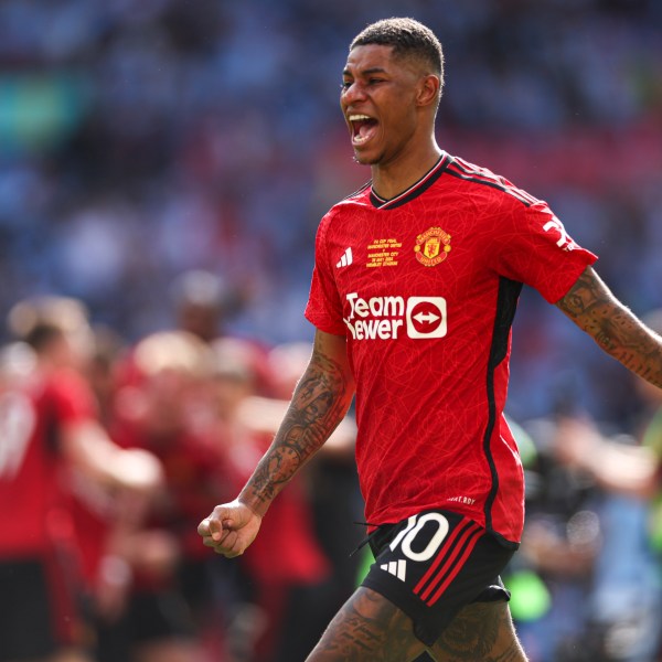 FILE - Manchester United's Marcus Rashford celebrates after his team won the English FA Cup final soccer match between Manchester City and Manchester United at Wembley Stadium in London, on May 25, 2024. (AP Photo/Ian Walton, File)