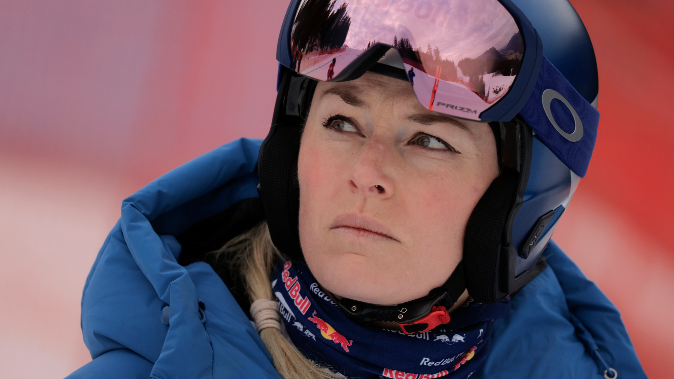 FILE - United States' Lindsey Vonn looks on ahead of an alpine ski, women's World Cup downhill training, in Garmisch-Partenkirchen, Germany, Friday, Jan. 24, 2025. (AP Photo/Giovanni Maria Pizzato, File)