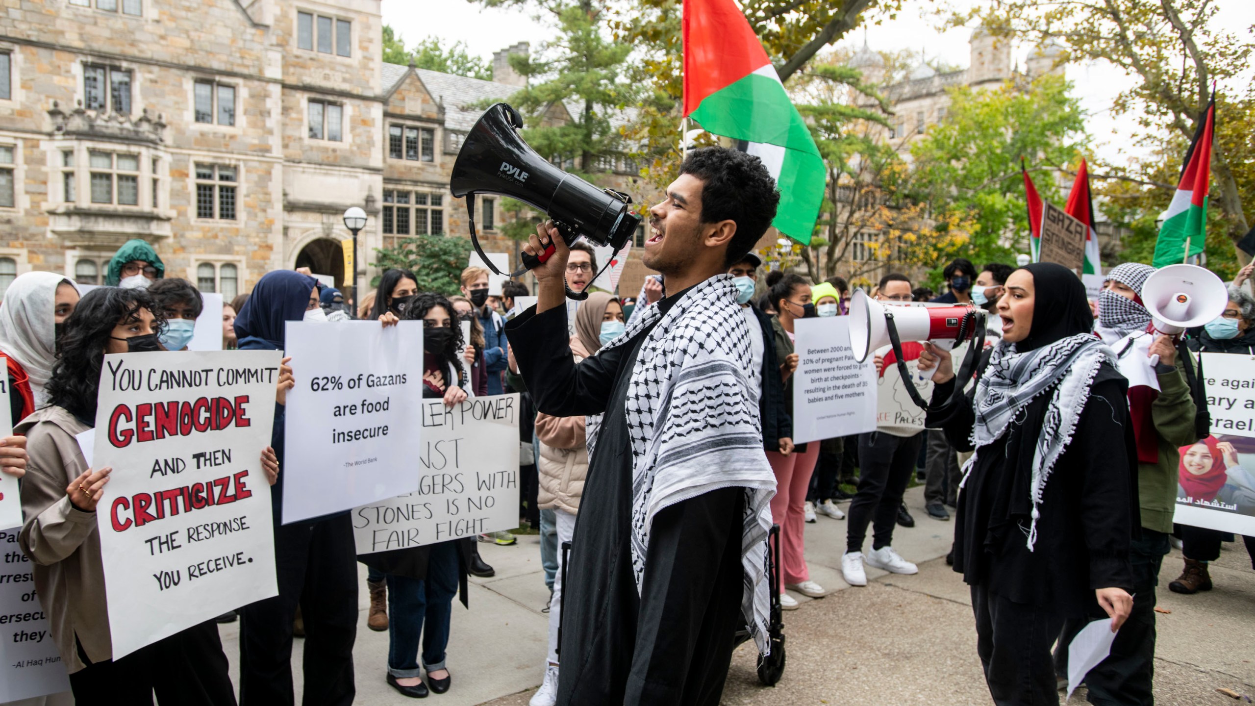 FILE - Pro-Palestinian demonstrators gather to protest University of Michigan President Santa Ono's "Statement regarding Mideast violence" outside the University of Michigan President's House, Oct. 13, 2023, in Ann Arbor, Mich. (Jacob Hamilton/Ann Arbor News via AP, File)