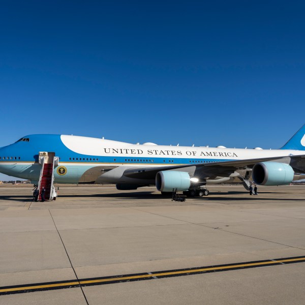 Air Force One is prepared for the arrival of President Donald Trump at Joint Base Andrews, Md., Friday, Feb. 14, 2025. (AP Photo/Ben Curtis)