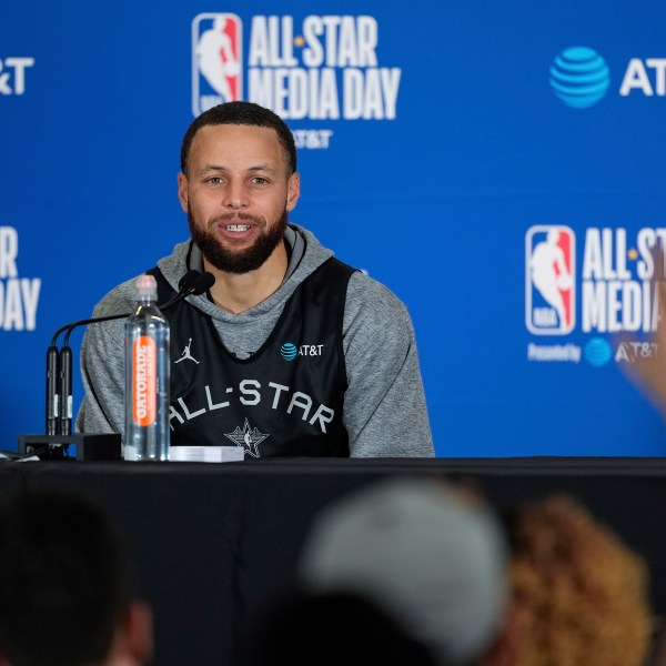 Stephen Curry, of the Golden State Warriors, speaks to media during the NBA All-Star game media day, Saturday, Feb. 15, 2025, in Oakland, Calif. (AP Photo/Godofredo A. Vásquez)