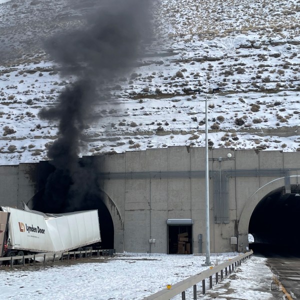 This photo provided by the Wyoming Highway Patrol shows smoke from a multiple-vehicle crash in the westbound tunnel of Interstate-80 in Green River, Wyo., on Friday, Feb. 14, 2025. (Wyoming Highway Patrol via AP)