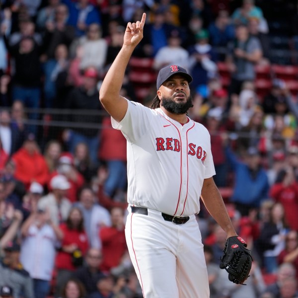 FILE - Boston Red Sox closer Kenley Jansen celebrates after defeating the Minnesota Twins in a baseball doubleheader, Sept. 22, 2024, in Boston. (AP Photo/Michael Dwyer, File)